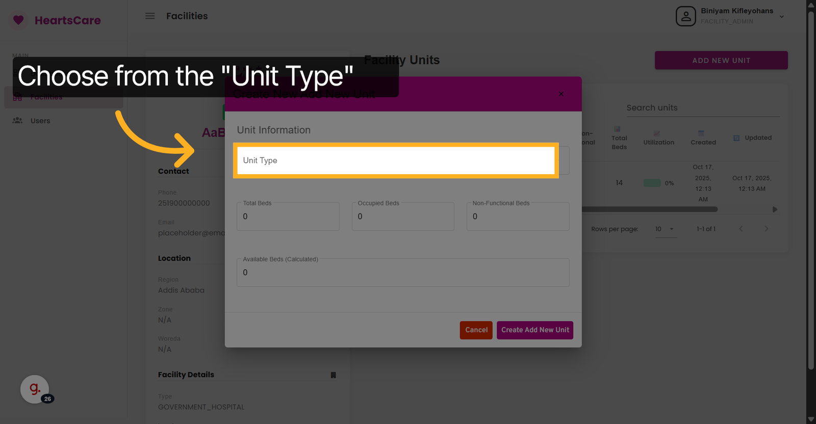 Select Unit Type Field