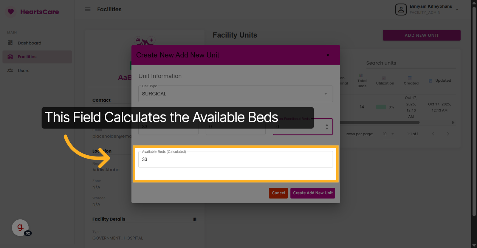 Select Available Beds Field