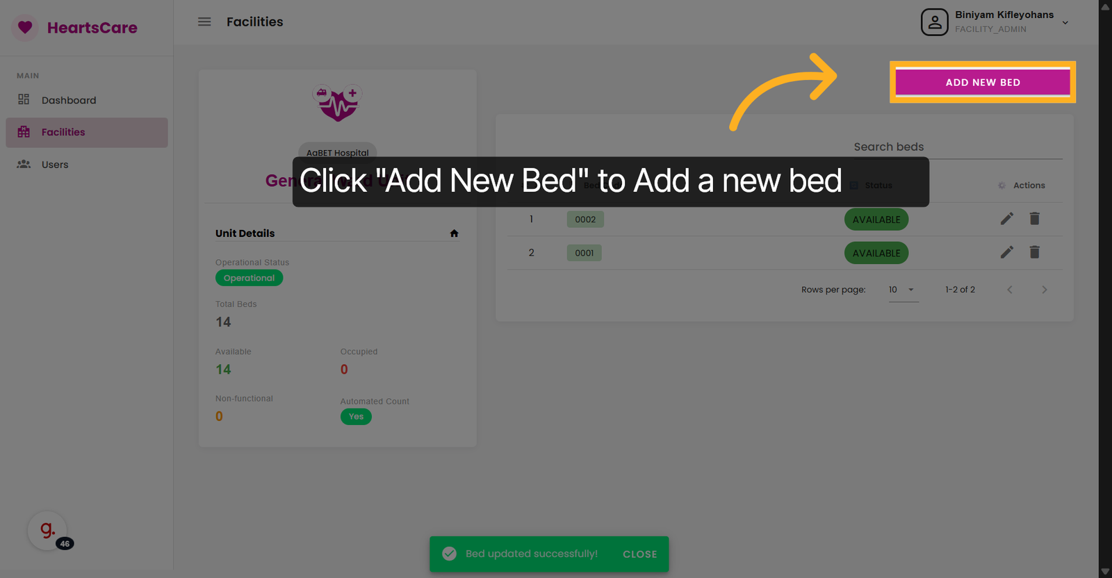 Initiate Adding New Bed