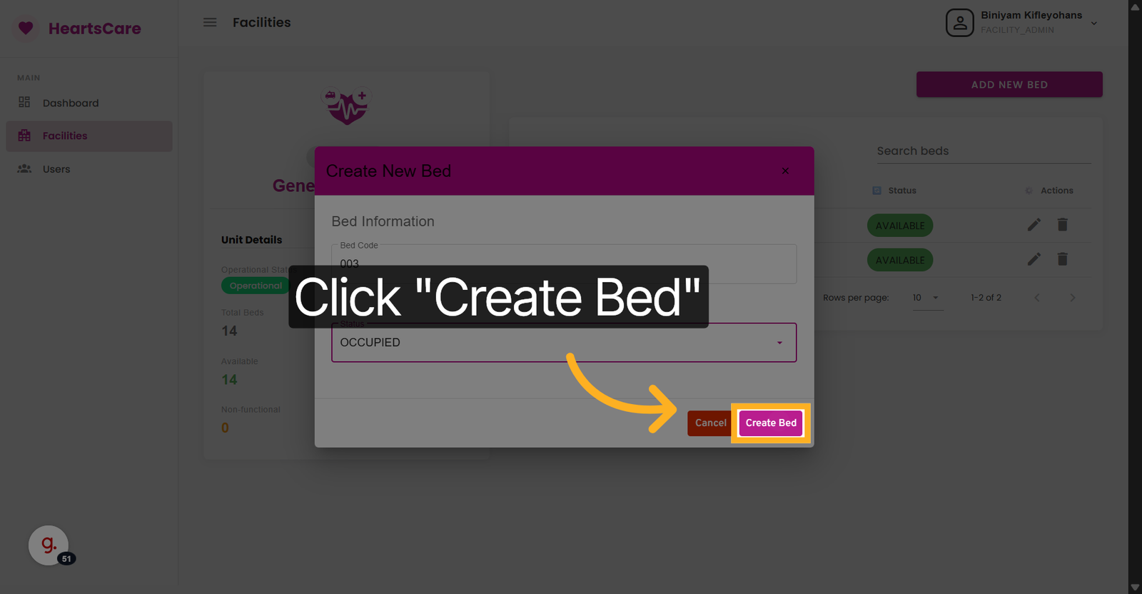 Confirm Bed Creation
