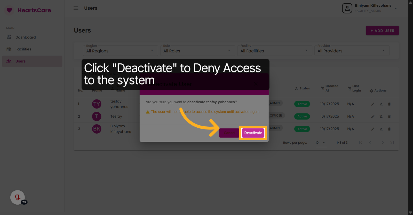 Deactivate User Account